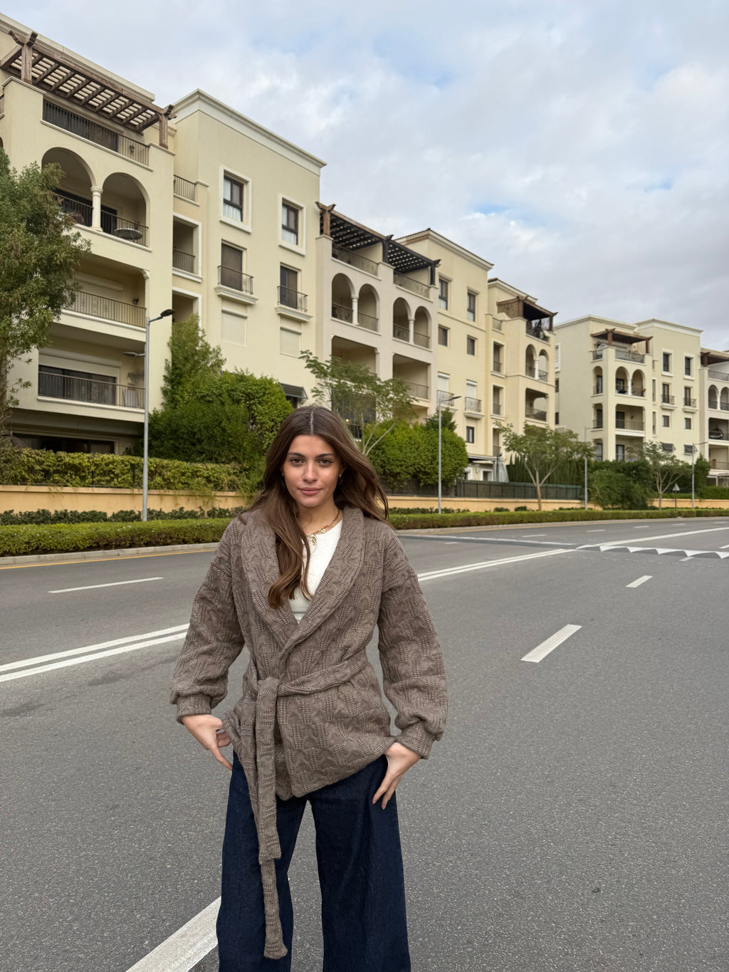 Belted Knit Cardigan in Brown