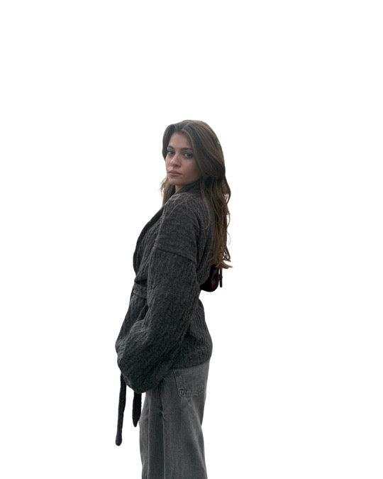 Belted Knit Cardigan in Gray