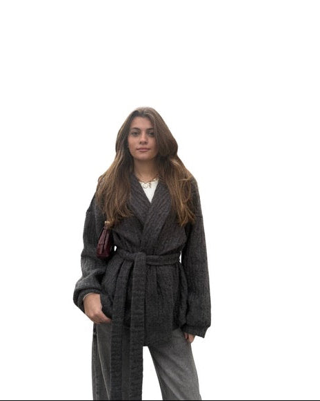 Belted Knit Cardigan in Gray