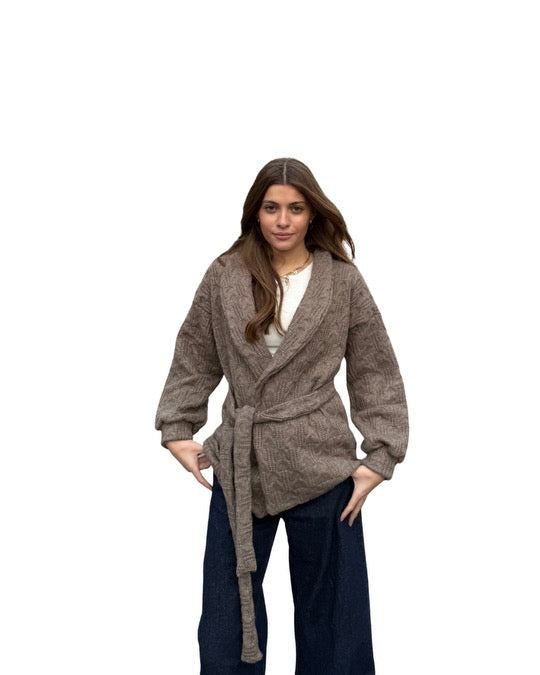 Belted Knit Cardigan in Brown