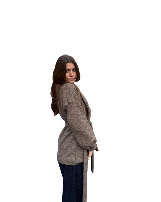 Belted Knit Cardigan in Brown